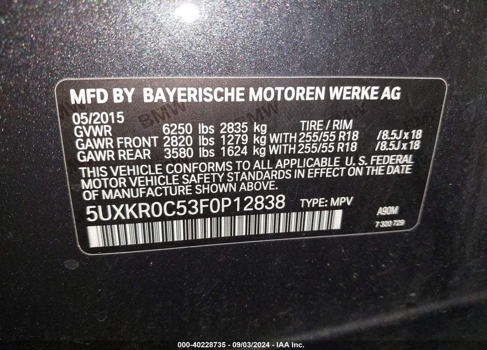 2015 BMW X5 XDRIVE35I VIN: 5UXKR0C53F0P12838