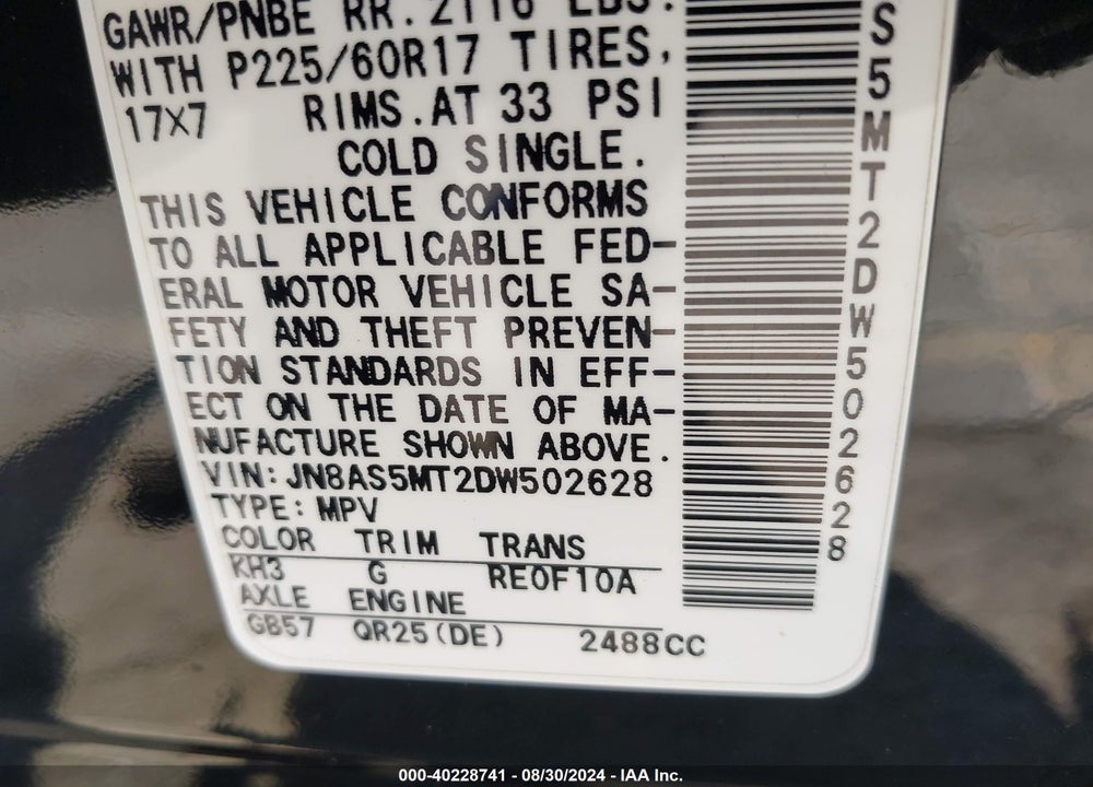 2013 NISSAN ROGUE SV VIN: JN8AS5MT2DW502628