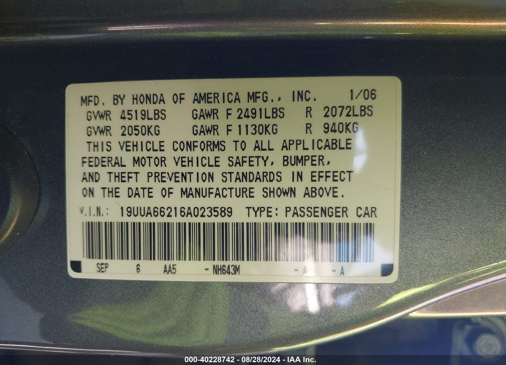 2006 ACURA TL VIN: 19UUA66216A023589