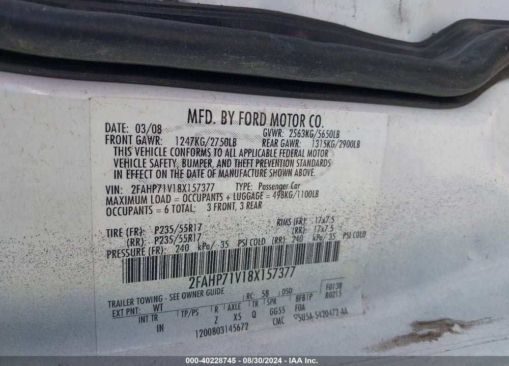 2008 FORD CROWN VICTORIA VIN: 2FAHP71V18X157377