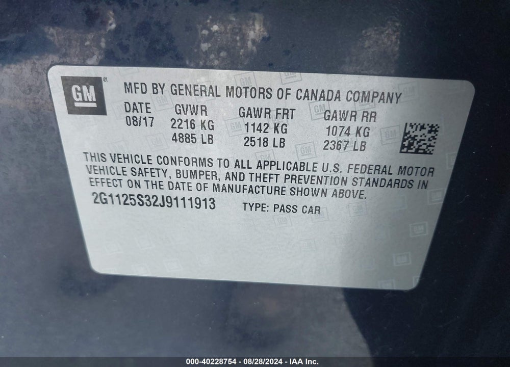 2018 CHEVROLET IMPALA 2LZ VIN: 2G1125S32J9111913