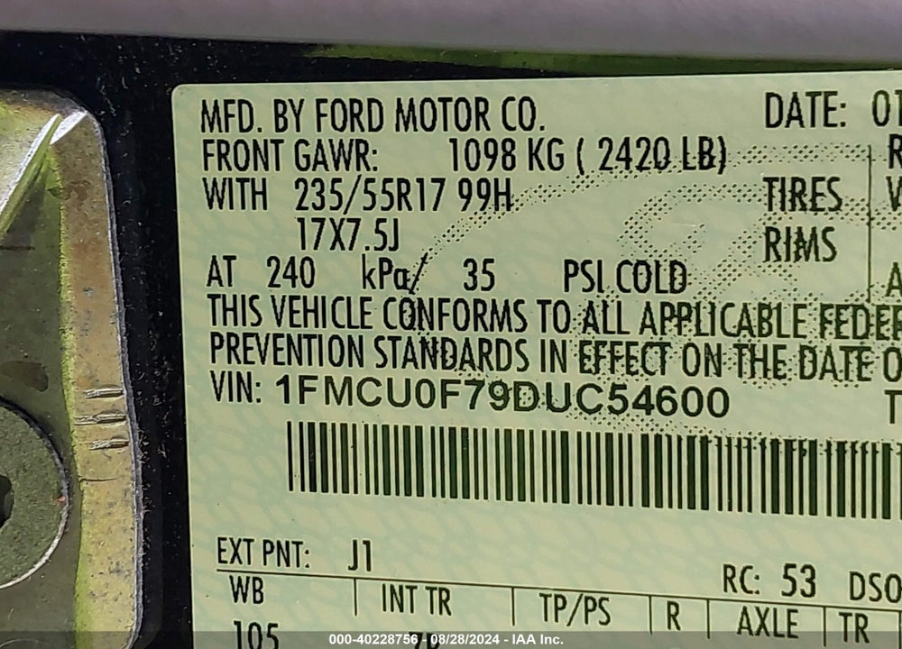 2013 FORD ESCAPE S VIN: 1FMCU0F79DUC54600