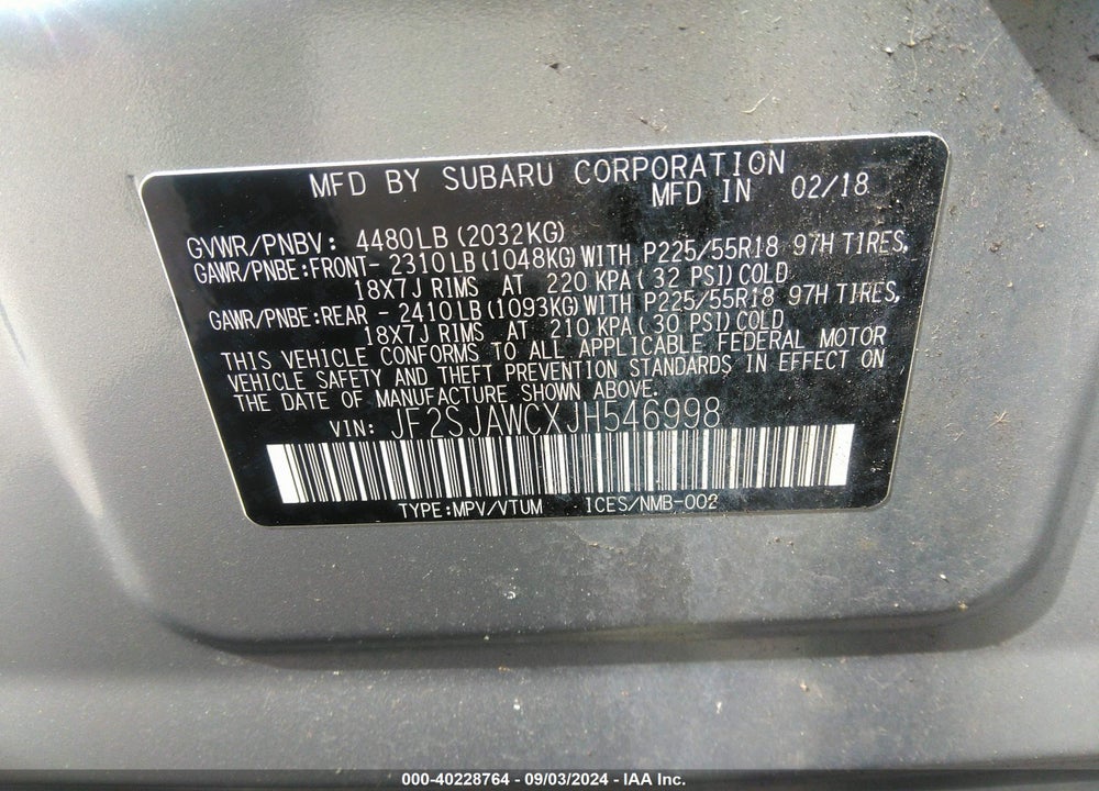 2018 SUBARU FORESTER 2.5I TOURING VIN: JF2SJAWCXJH546998