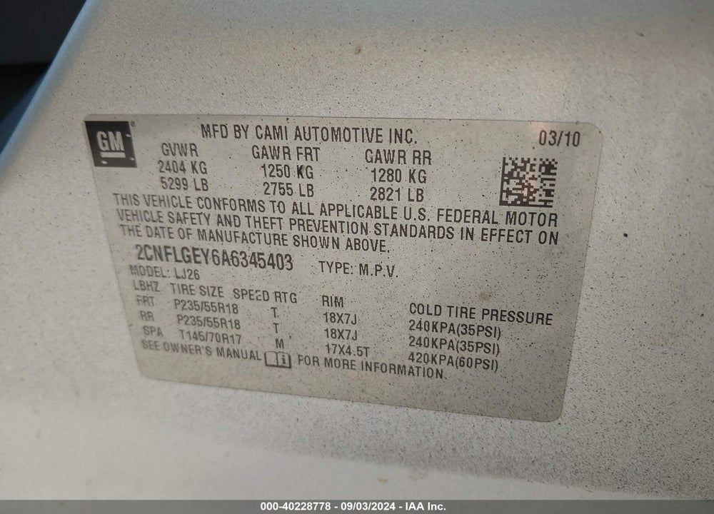 2010 CHEVROLET EQUINOX LTZ VIN: 2CNFLGEY6A6345403