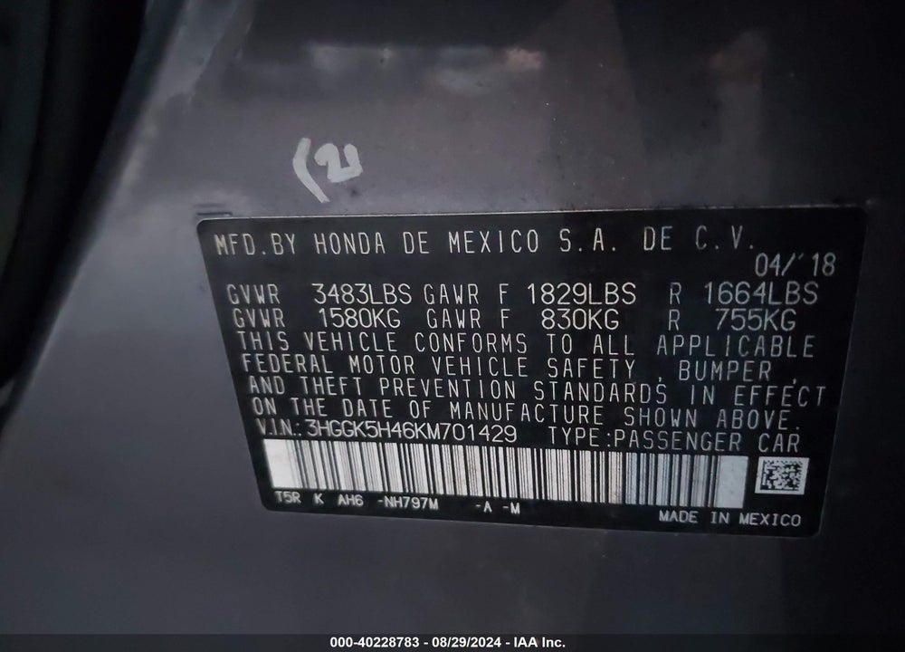 2019 HONDA FIT LX VIN: 3HGGK5H46KM701429
