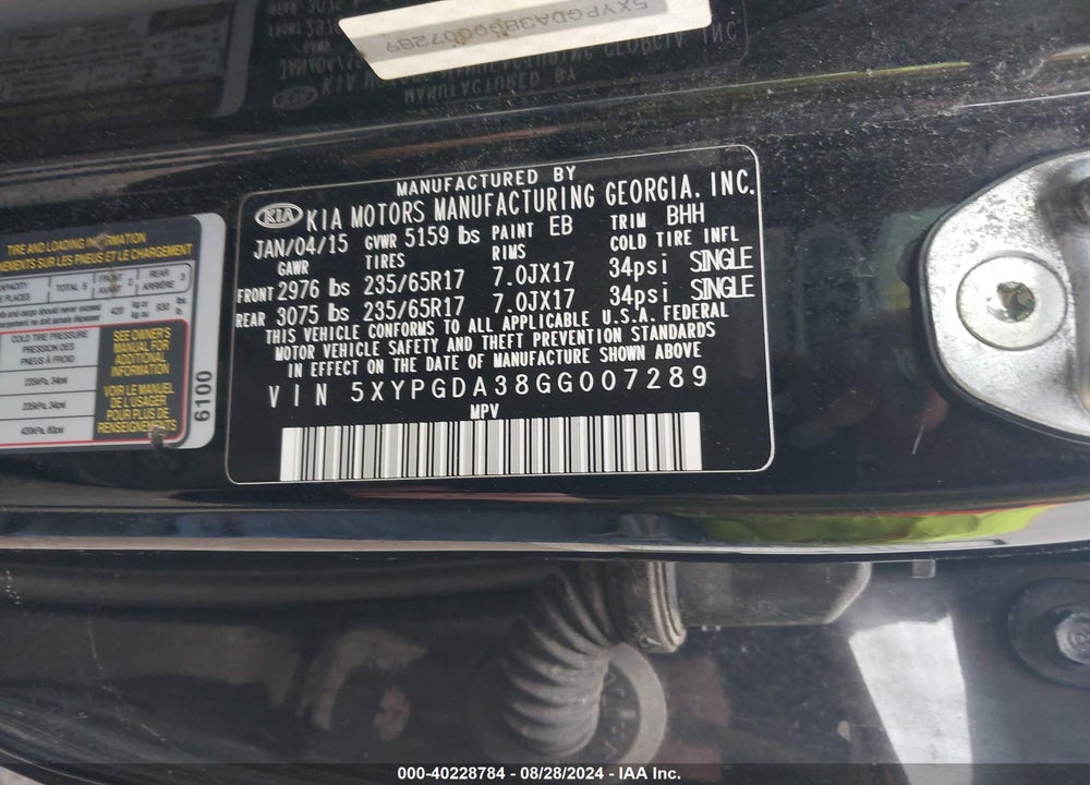 2016 KIA SORENTO 2.4L LX VIN: 5XYPGDA38GG007289