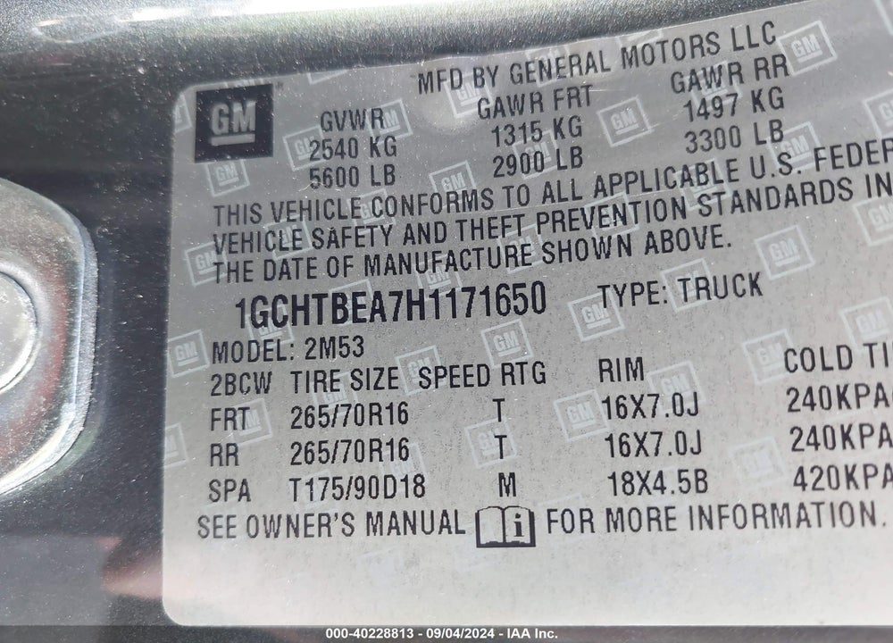 2017 CHEVROLET COLORADO WT VIN: 1GCHTBEA7H1171650