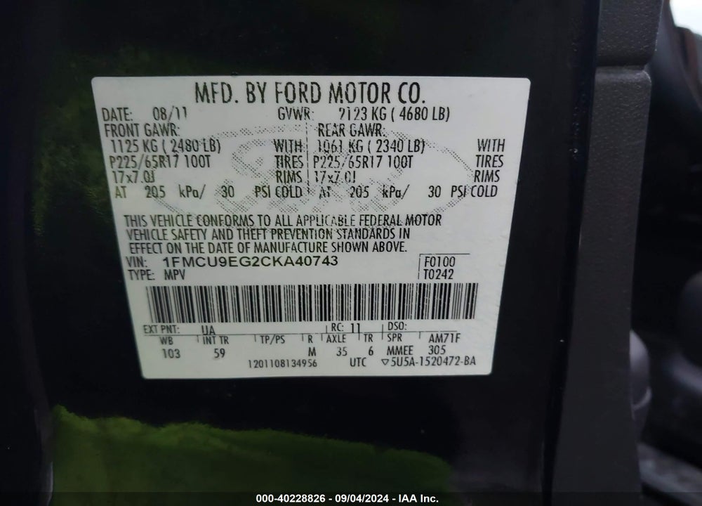 2012 FORD ESCAPE LIMITED VIN: 1FMCU9EG2CKA40743