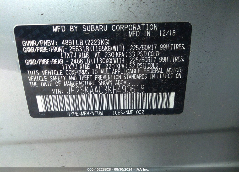 2019 SUBARU FORESTER VIN: JF2SKAAC3KH490618