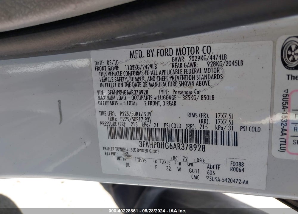 2010 FORD FUSION SE VIN: 3FAHP0HG6AR378928
