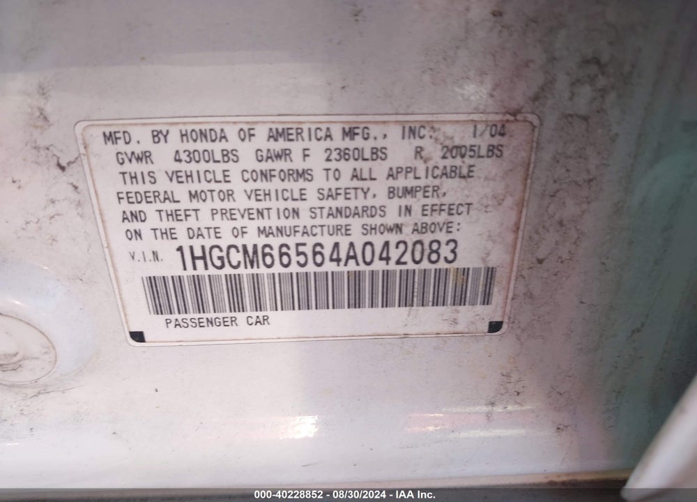 2004 HONDA ACCORD 3.0 EX VIN: 1HGCM66564A042083
