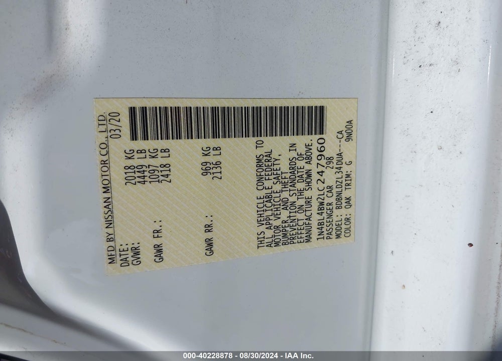 2020 NISSAN ALTIMA S INTELLIGENT AWD VIN: 1N4BL4BW2LC247960