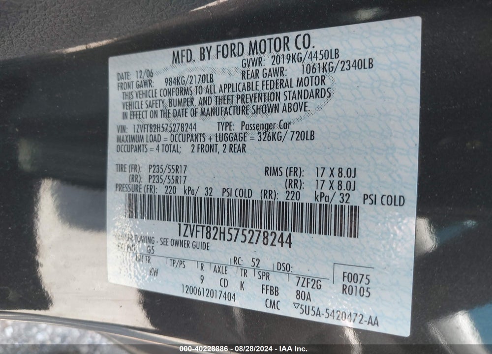 2007 FORD MUSTANG GT DELUXE/GT PREMIUM VIN: 1ZVFT82H575278244