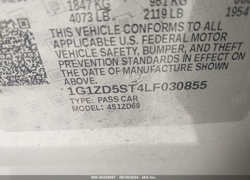 2020 CHEVROLET MALIBU FWD LT VIN: 1G1ZD5ST4LF030855
