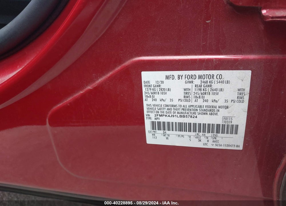 2020 FORD EDGE SEL VIN: 2FMPK4J91LBB57824