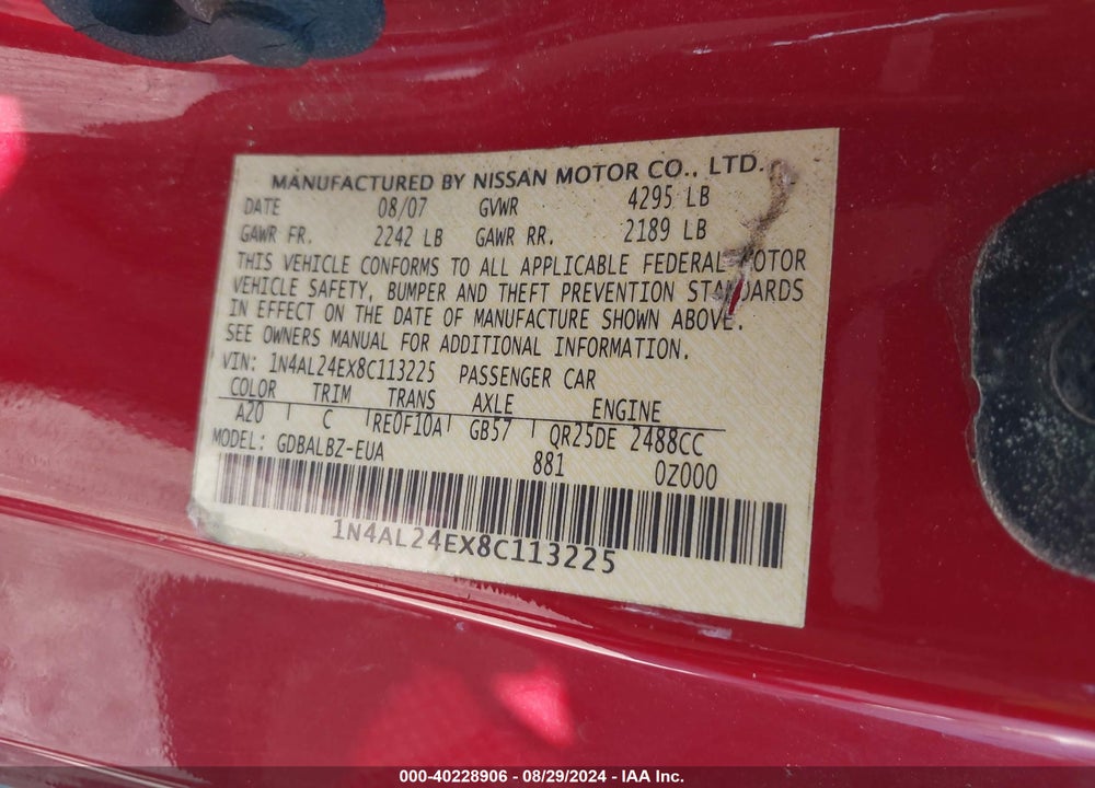 2008 NISSAN ALTIMA 2.5 S VIN: 1N4AL24EX8C113225