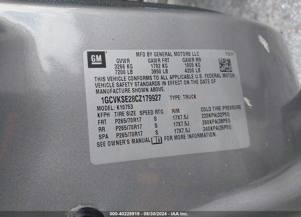 2012 CHEVROLET SILVERADO 1500 LT VIN: 1GCVKSE28CZ179927