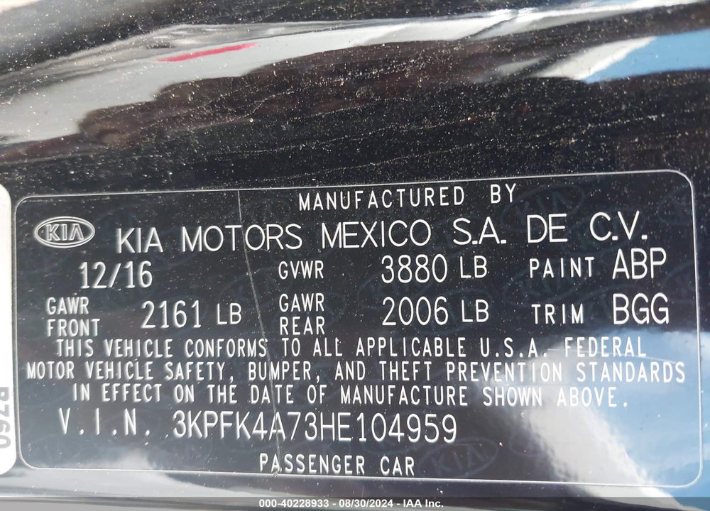2017 KIA FORTE LX VIN: 3KPFK4A73HE104959
