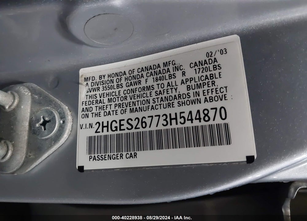 2003 HONDA CIVIC EX VIN: 2HGES26773H544870