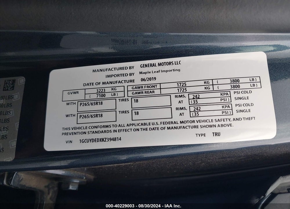 2019 CHEVROLET SILVERADO 1500 LT VIN: 1GCUYDEDXKZ394814