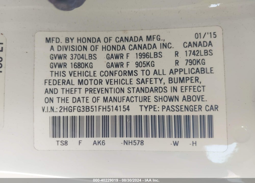 2015 HONDA CIVIC LX VIN: 2HGFG3B51FH514154