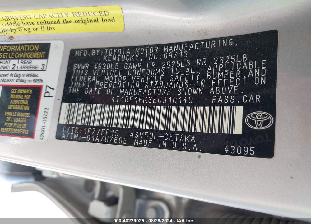 2014 TOYOTA CAMRY SE VIN: 4T1BF1FK6EU310140