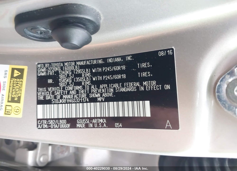 2016 TOYOTA HIGHLANDER XLE V6 VIN: 5TDJKRFH4GS321174