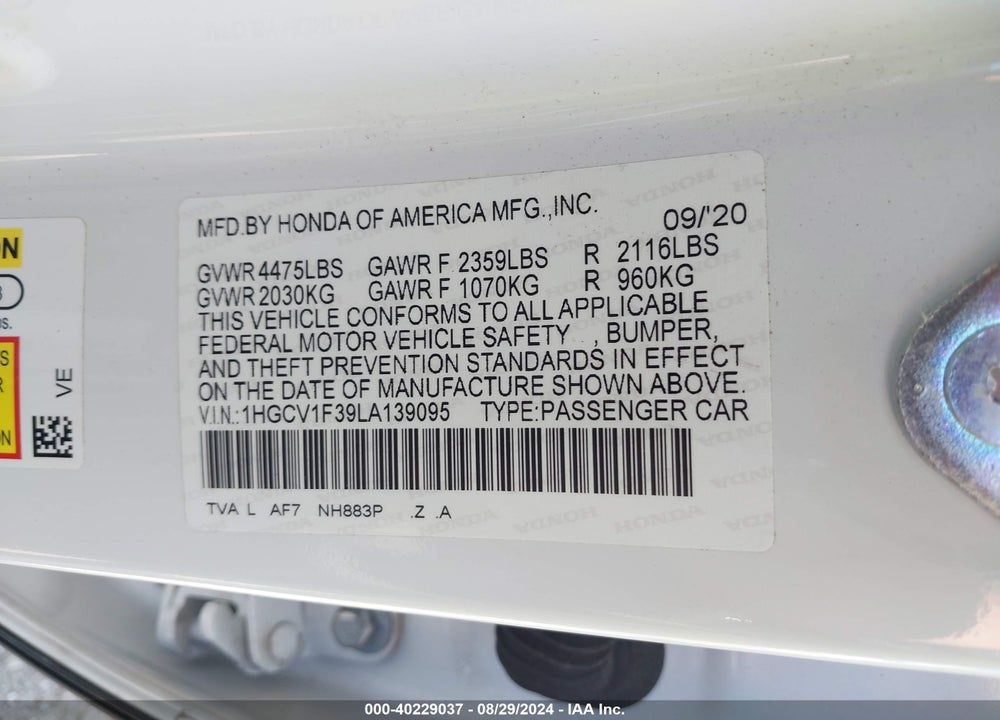 2020 HONDA ACCORD SPORT VIN: 1HGCV1F39LA139095