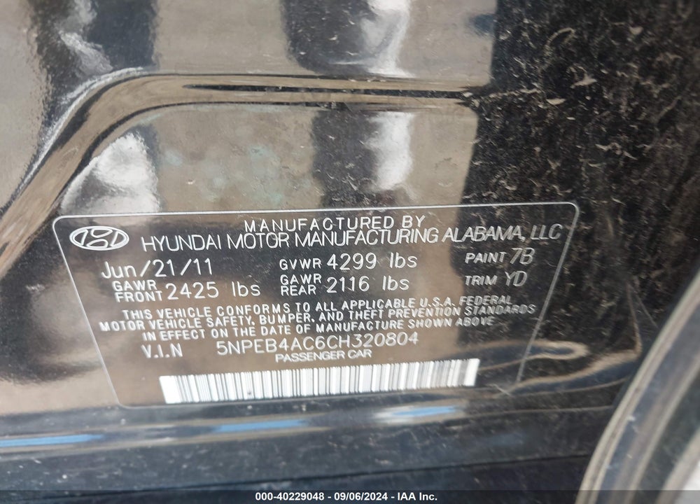 2012 HYUNDAI SONATA GLS VIN: 5NPEB4AC6CH320804