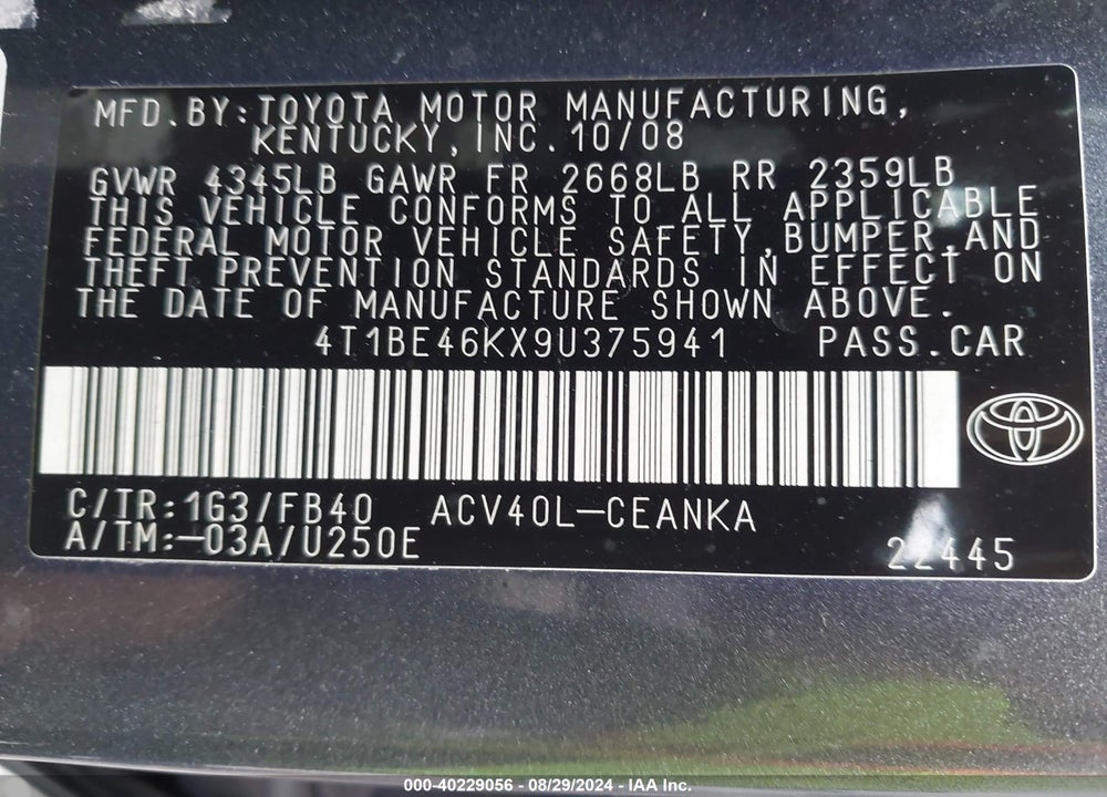 2009 TOYOTA CAMRY LE VIN: 4T1BE46KX9U375941