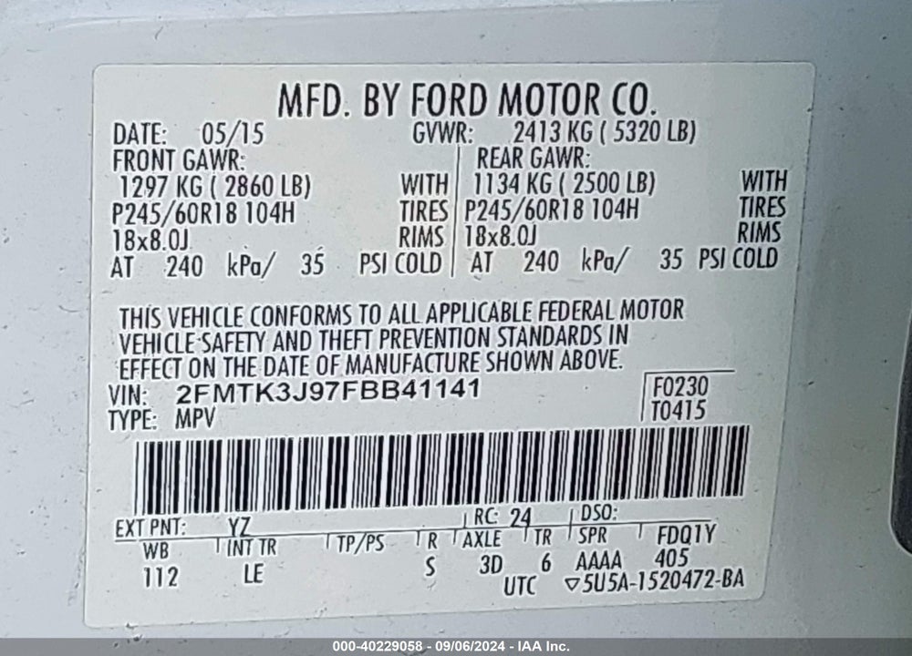 2015 FORD EDGE SEL VIN: 2FMTK3J97FBB41141