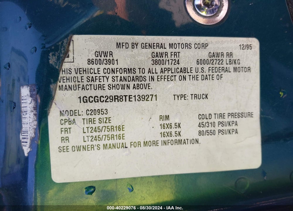 1996 CHEVROLET GMT-400 C2500 VIN: 1GCGC29R8TE139271