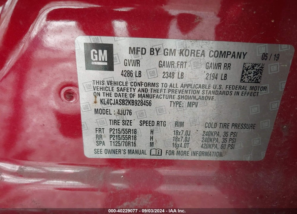2019 BUICK ENCORE FWD PREFERRED VIN: KL4CJASB2KB928456