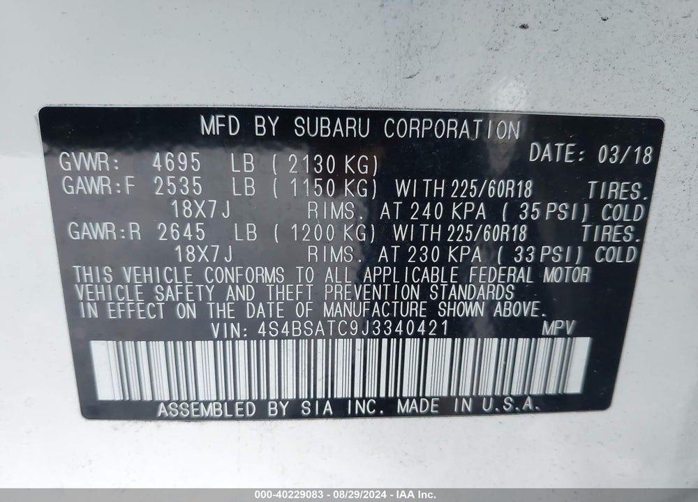 2018 SUBARU OUTBACK 2.5I TOURING VIN: 4S4BSATC9J3340421