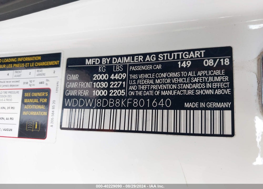 2019 MERCEDES-BENZ C 300 VIN: WDDWJ8DB8KF801640