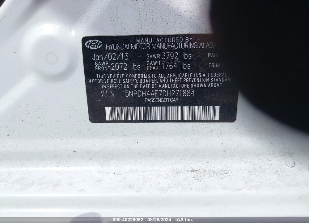 2013 HYUNDAI ELANTRA LIMITED VIN: 5NPDH4AE7DH271884