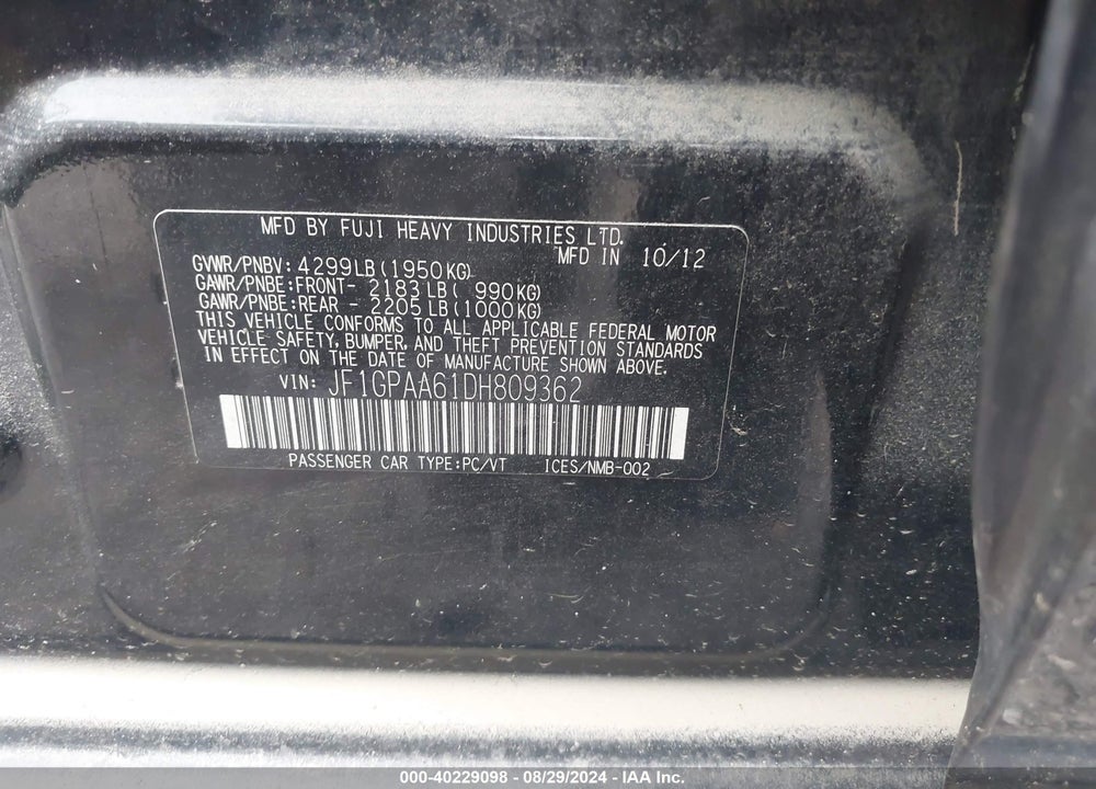 2013 SUBARU IMPREZA 2.0I VIN: JF1GPAA61DH809362