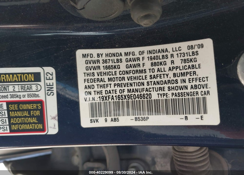 2009 HONDA CIVIC LX VIN: 19XFA165X9E046620