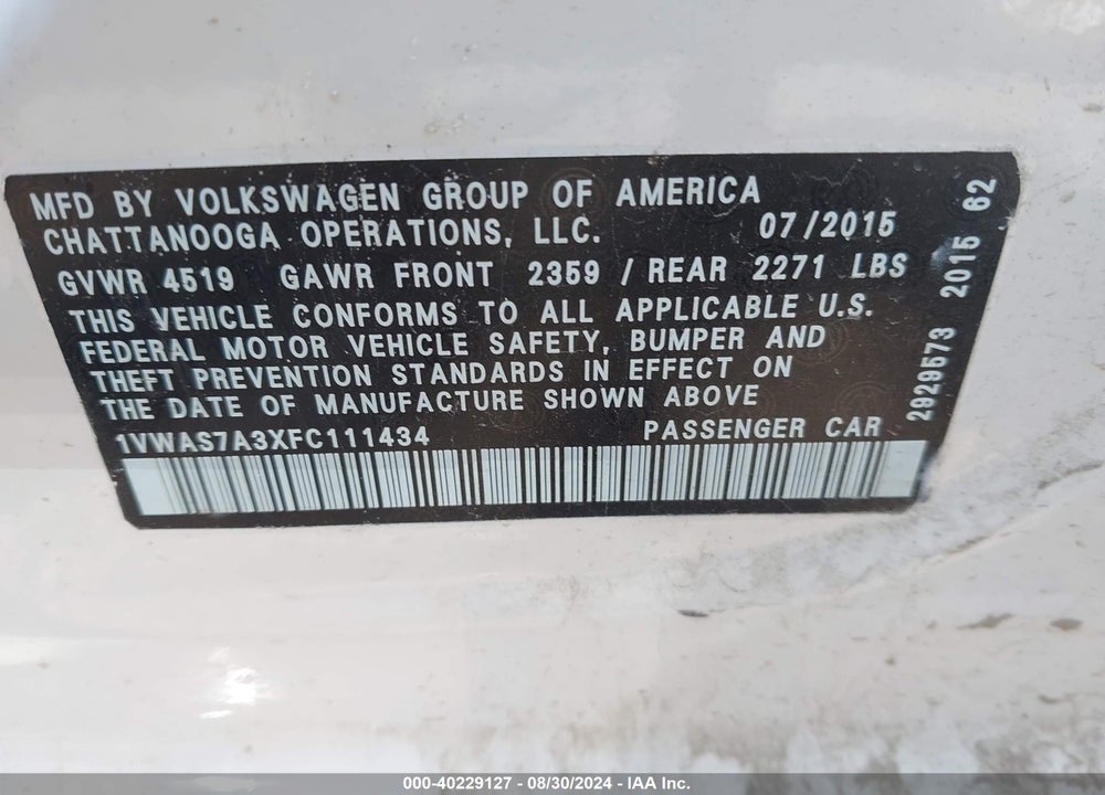 2015 VOLKSWAGEN PASSAT 1.8T LIMITED EDITION VIN: 1VWAS7A3XFC111434