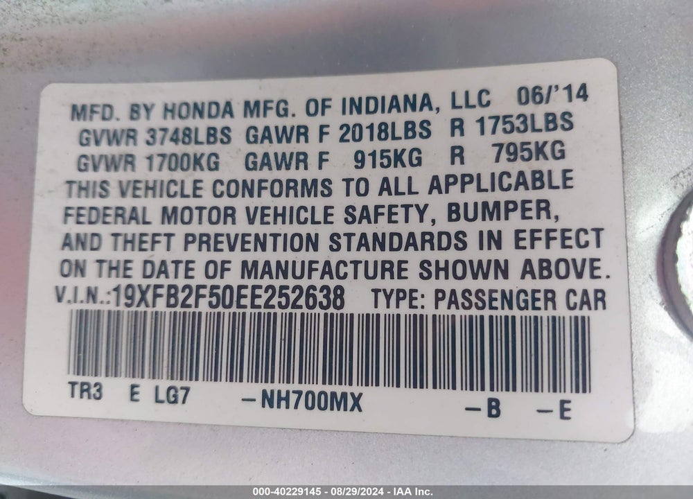 2014 HONDA CIVIC LX VIN: 19XFB2F50EE252638