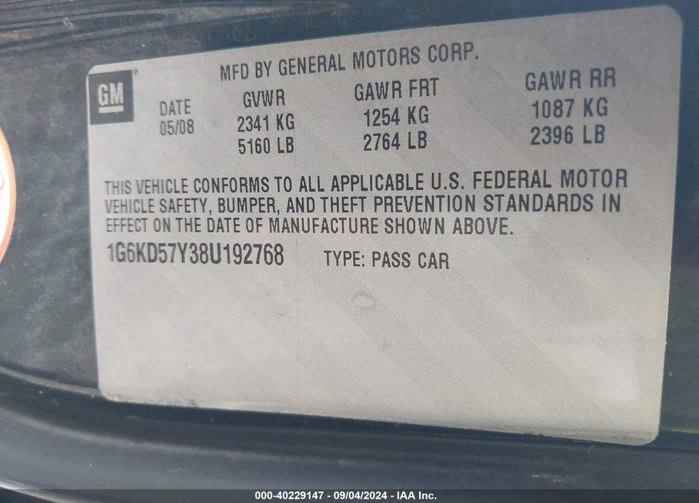 2008 CADILLAC DTS 1SA VIN: 1G6KD57Y38U192768