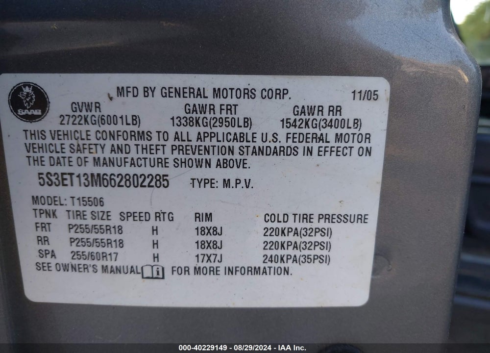 2006 SAAB 9-7X 5.3I VIN: 5S3ET13M662802285