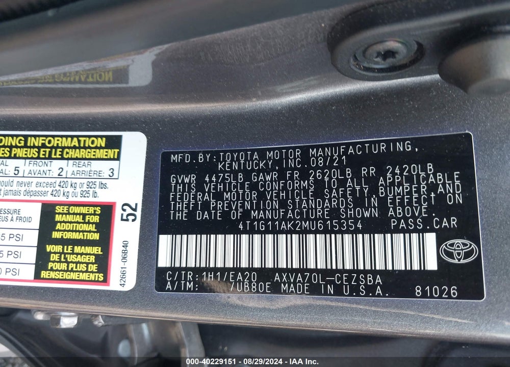 2021 TOYOTA CAMRY SE VIN: 4T1G11AK2MU615354
