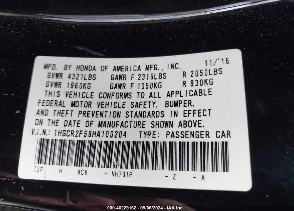 2017 HONDA ACCORD SPORT VIN: 1HGCR2F59HA100204