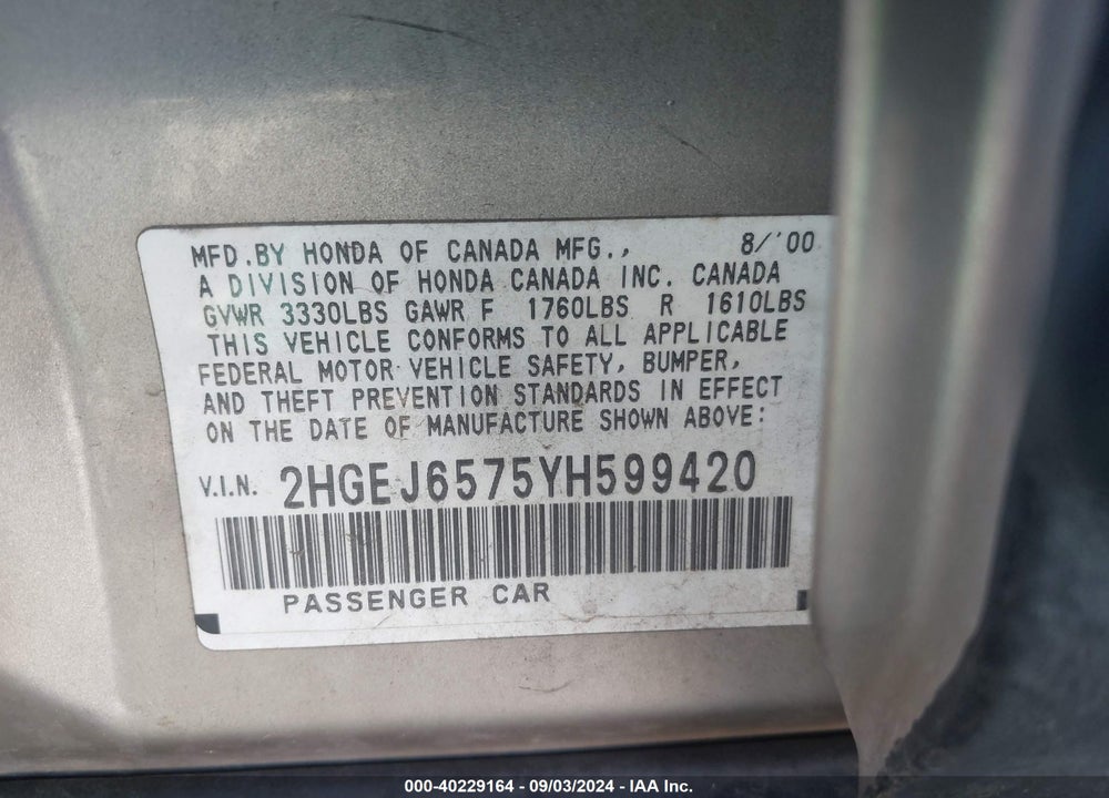 2000 HONDA CIVIC LX VIN: 2HGEJ6575YH599420