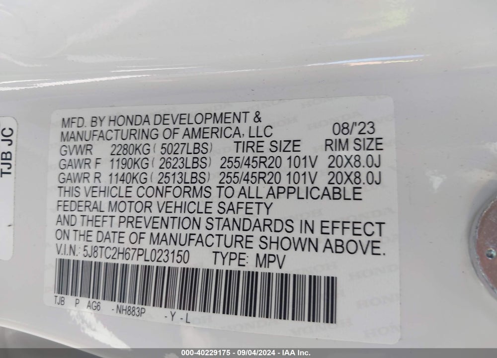 2023 ACURA RDX A-SPEC PACKAGE VIN: 5J8TC2H67PL023150
