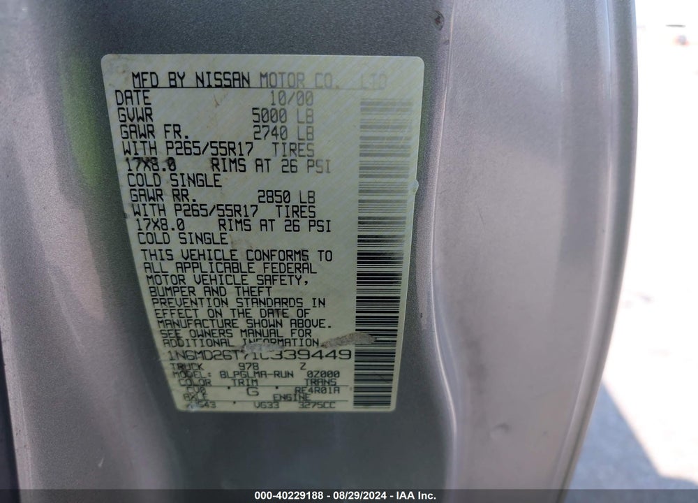 2001 NISSAN FRONTIER SC-V6 VIN: 1N6MD26T71C339449