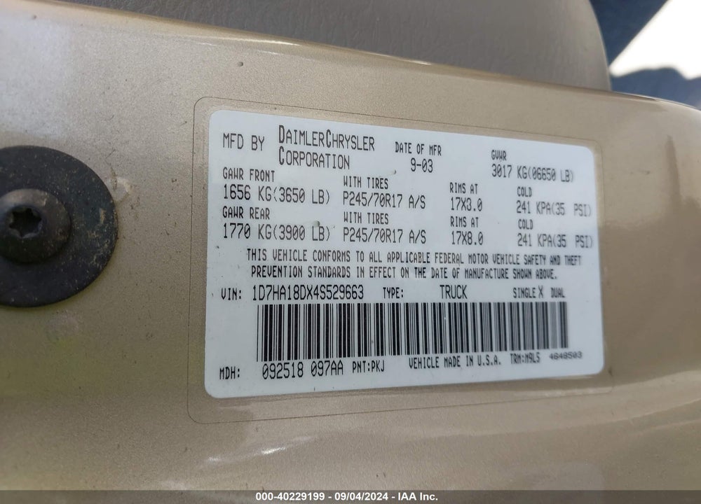 2004 DODGE RAM 1500 SLT/LARAMIE VIN: 1D7HA18DX4S529663