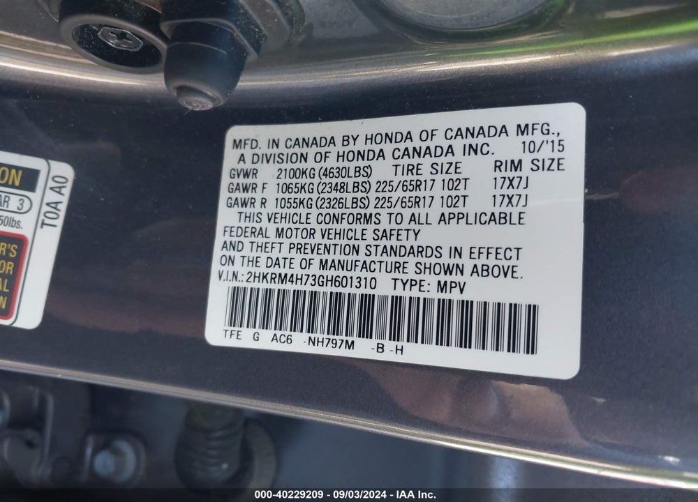2016 HONDA CR-V VIN: 2HKRM4H73GH601310