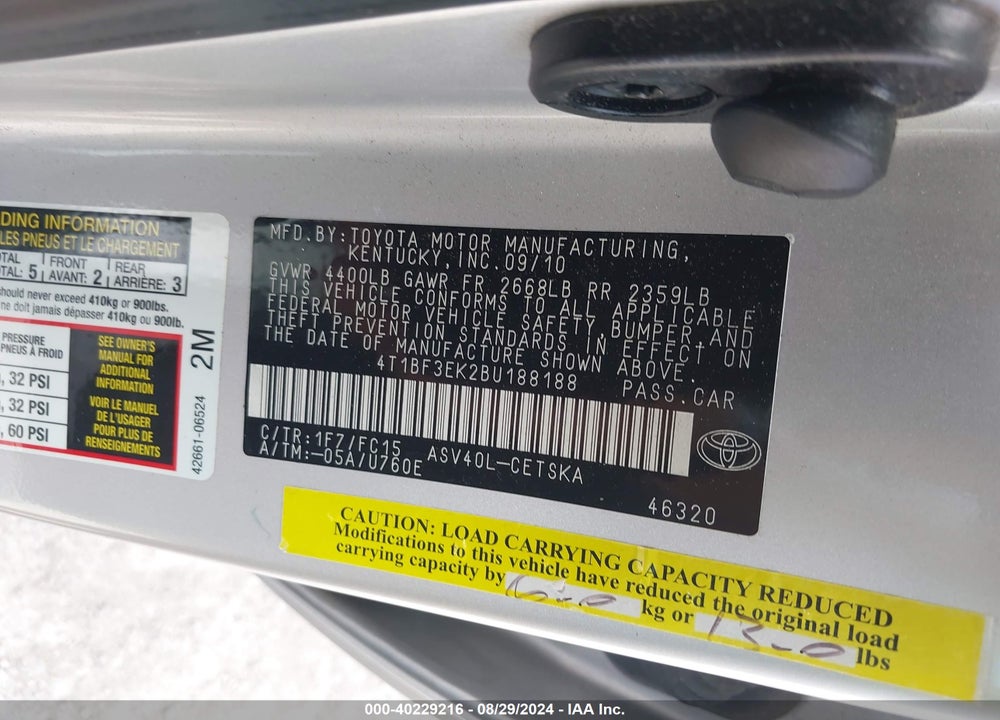 2011 TOYOTA CAMRY SE VIN: 4T1BF3EK2BU188188